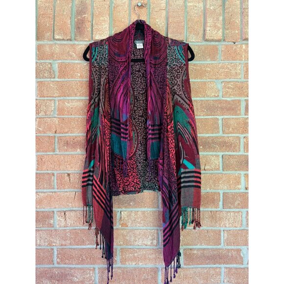 Anu Bohemian Sleeveless Open Front Vest Art-to-Wear Fringe Hem Vibrant Print - Picture 4 of 10